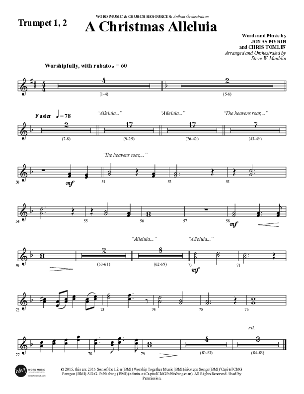 A Christmas Alleluia (Choral Anthem SATB) Trumpet 1,2 (Word Music Choral / Arr. Steve Mauldin)