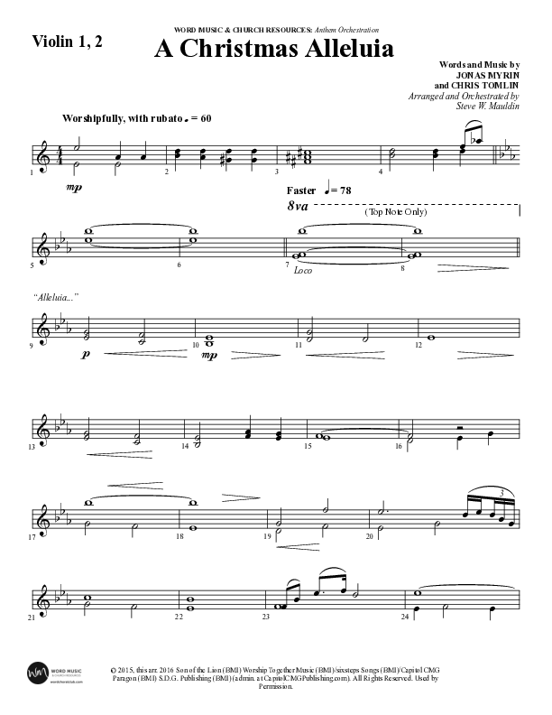A Christmas Alleluia (Choral Anthem SATB) Violin 1/2 (Word Music Choral / Arr. Steve Mauldin)