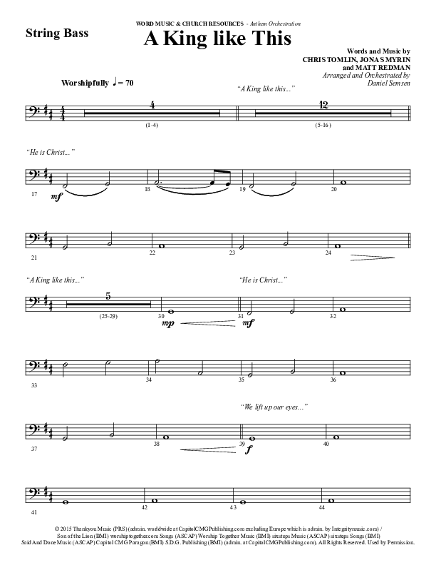 A King Like This (Choral Anthem SATB) Double Bass (Word Music Choral / Arr. Daniel Semsen)