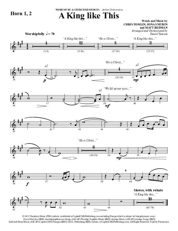 A King Like This (Choral Anthem SATB) French Horn 1/2 (Word Music Choral / Arr. Daniel Semsen)