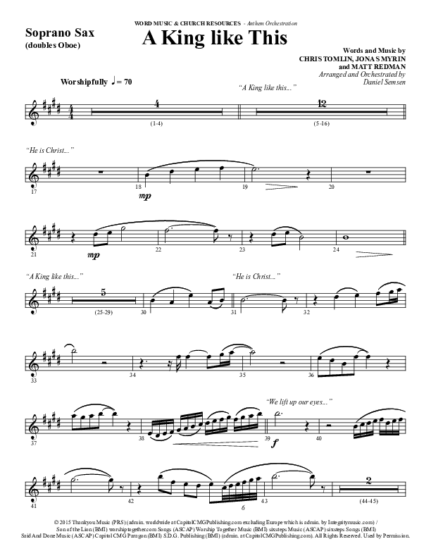 A King Like This (Choral Anthem SATB) Soprano Sax (Word Music Choral / Arr. Daniel Semsen)