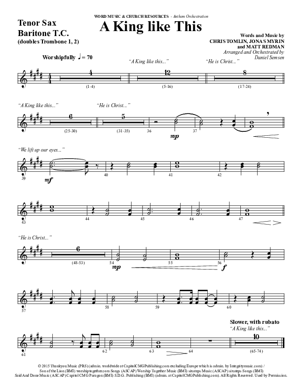 A King Like This (Choral Anthem SATB) Tenor Sax/Baritone T.C. (Word Music Choral / Arr. Daniel Semsen)