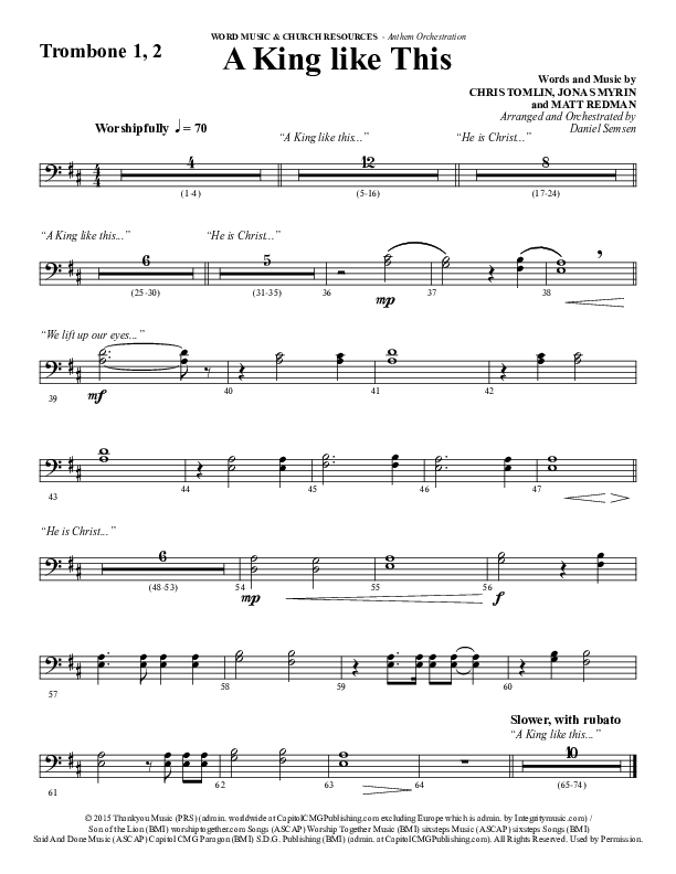 A King Like This (Choral Anthem SATB) Trombone 1/2 (Word Music Choral / Arr. Daniel Semsen)