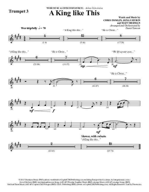 A King Like This (Choral Anthem SATB) Trumpet 1,2 (Word Music Choral / Arr. Daniel Semsen)
