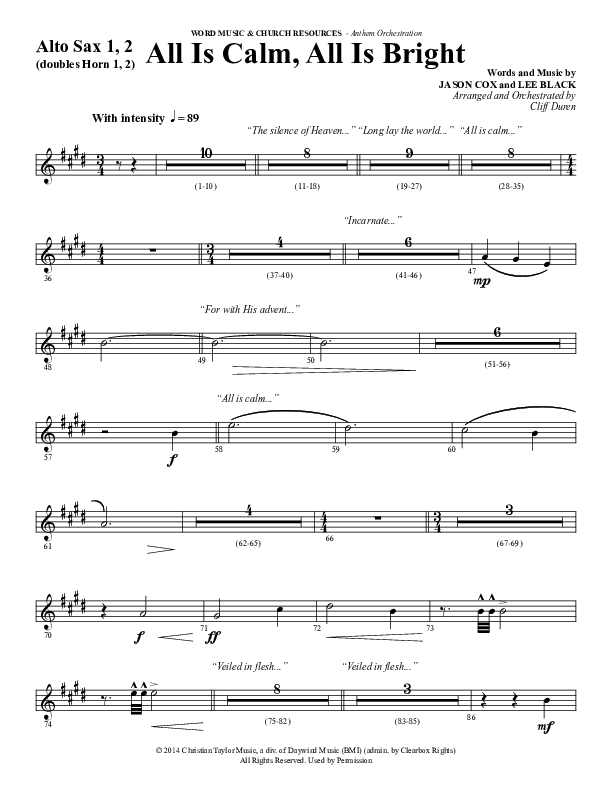 All Is Calm All Is Bright (Choral Anthem SATB) Alto Sax 1/2 (Word Music Choral / Arr. Cliff Duren)