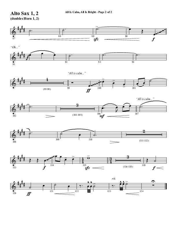 All Is Calm All Is Bright (Choral Anthem SATB) Alto Sax 1/2 (Word Music Choral / Arr. Cliff Duren)