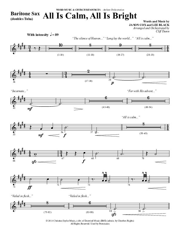 All Is Calm All Is Bright (Choral Anthem SATB) Bari Sax (Word Music Choral / Arr. Cliff Duren)