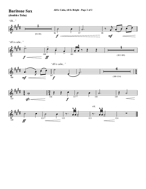 All Is Calm All Is Bright (Choral Anthem SATB) Bari Sax (Word Music Choral / Arr. Cliff Duren)