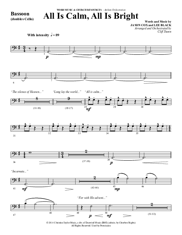 All Is Calm All Is Bright (Choral Anthem SATB) Bassoon (Word Music Choral / Arr. Cliff Duren)