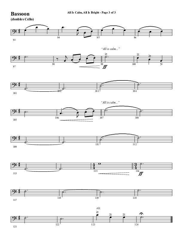 All Is Calm All Is Bright (Choral Anthem SATB) Bassoon (Word Music Choral / Arr. Cliff Duren)