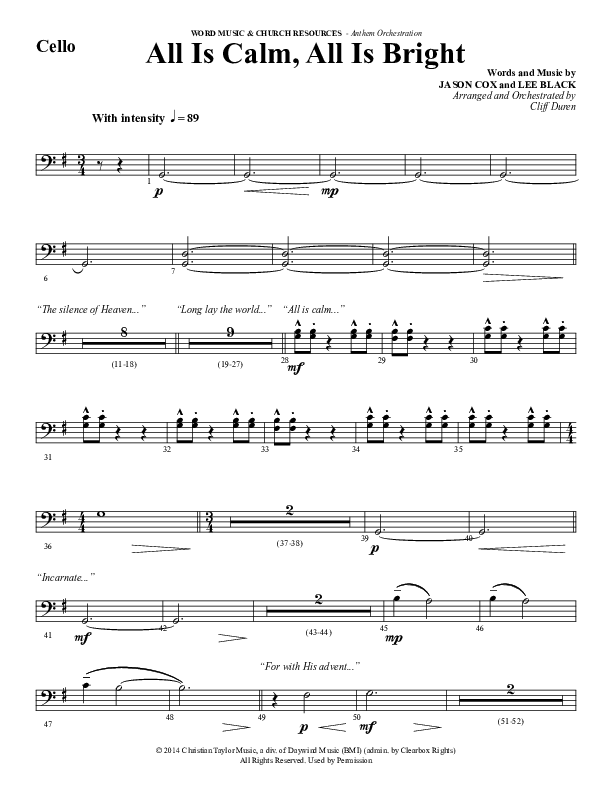 All Is Calm All Is Bright (Choral Anthem SATB) Cello (Word Music Choral / Arr. Cliff Duren)