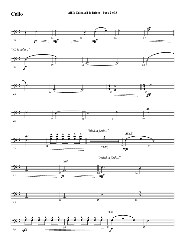 All Is Calm All Is Bright (Choral Anthem SATB) Cello (Word Music Choral / Arr. Cliff Duren)
