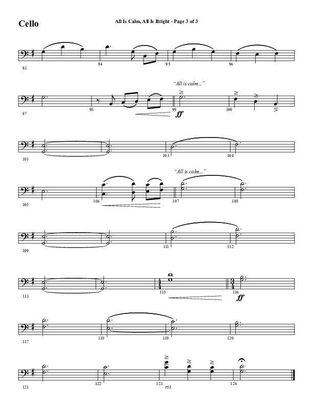 All Is Calm All Is Bright (Choral Anthem SATB) Cello (Word Music Choral / Arr. Cliff Duren)