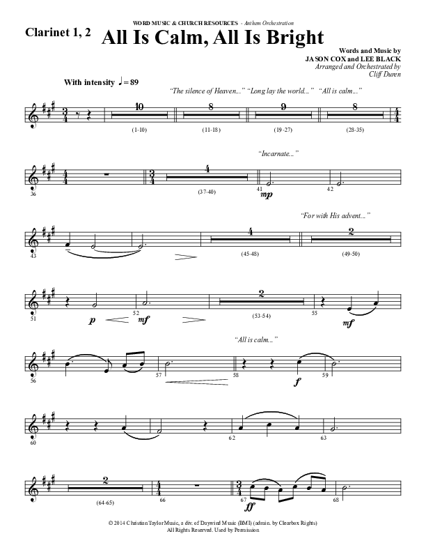 All Is Calm All Is Bright (Choral Anthem SATB) Clarinet 1/2 (Word Music Choral / Arr. Cliff Duren)