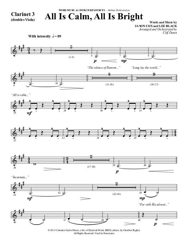All Is Calm All Is Bright (Choral Anthem SATB) Clarinet 3 (Word Music Choral / Arr. Cliff Duren)