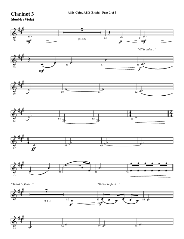 All Is Calm All Is Bright (Choral Anthem SATB) Clarinet 3 (Word Music Choral / Arr. Cliff Duren)