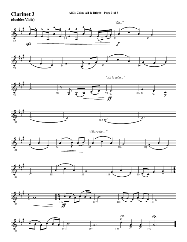 All Is Calm All Is Bright (Choral Anthem SATB) Clarinet 3 (Word Music Choral / Arr. Cliff Duren)