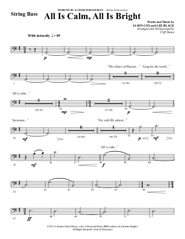 All Is Calm All Is Bright (Choral Anthem SATB) Double Bass (Word Music Choral / Arr. Cliff Duren)