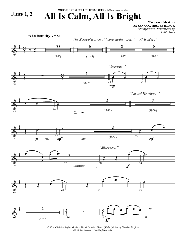 All Is Calm All Is Bright (Choral Anthem SATB) Flute 1/2 (Word Music Choral / Arr. Cliff Duren)