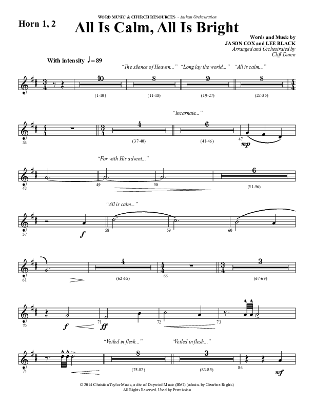 All Is Calm All Is Bright (Choral Anthem SATB) French Horn 1/2 (Word Music Choral / Arr. Cliff Duren)