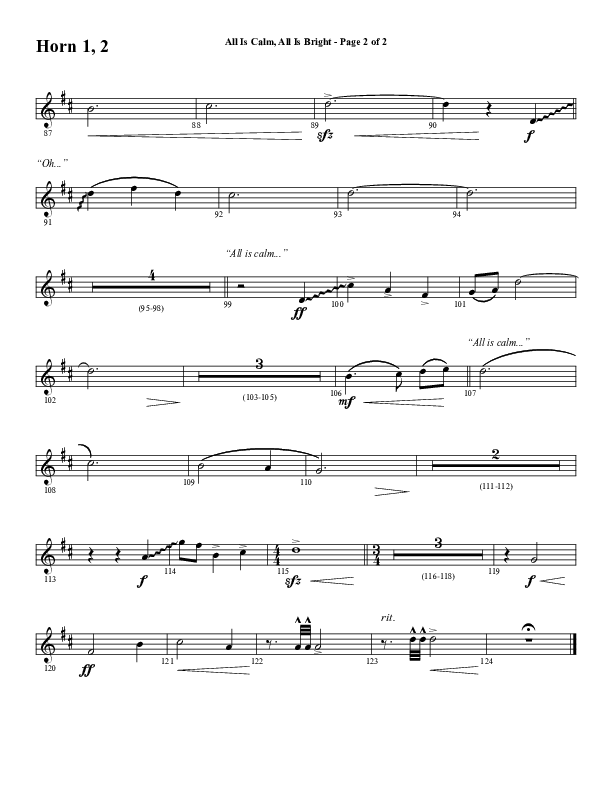 All Is Calm All Is Bright (Choral Anthem SATB) French Horn 1/2 (Word Music Choral / Arr. Cliff Duren)