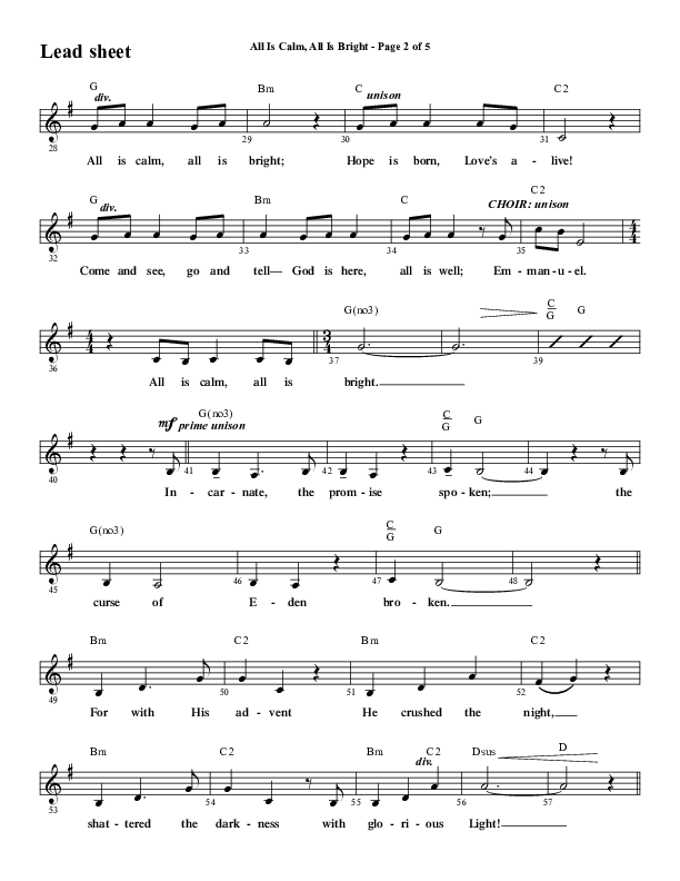 All Is Calm All Is Bright (Choral Anthem SATB) Lead Sheet (Melody) (Word Music Choral / Arr. Cliff Duren)