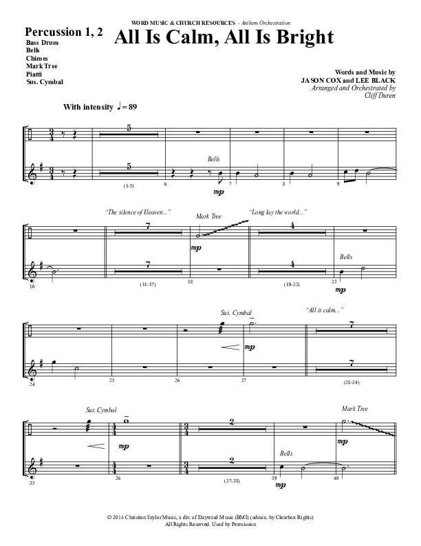 All Is Calm All Is Bright (Choral Anthem SATB) Percussion 1/2 (Word Music Choral / Arr. Cliff Duren)