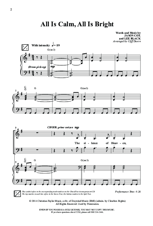 All Is Calm All Is Bright (Choral Anthem SATB) Anthem (SATB/Piano) (Word Music Choral / Arr. Cliff Duren)