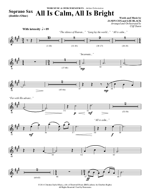 All Is Calm All Is Bright (Choral Anthem SATB) Soprano Sax (Word Music Choral / Arr. Cliff Duren)