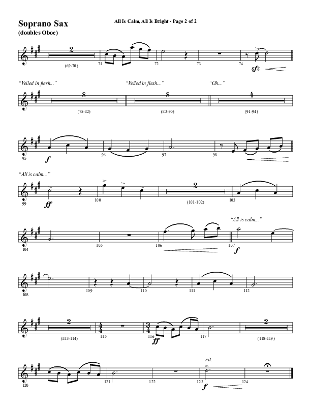 All Is Calm All Is Bright (Choral Anthem SATB) Soprano Sax (Word Music Choral / Arr. Cliff Duren)