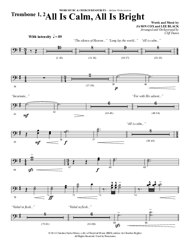 All Is Calm All Is Bright (Choral Anthem SATB) Trombone 1/2 (Word Music Choral / Arr. Cliff Duren)