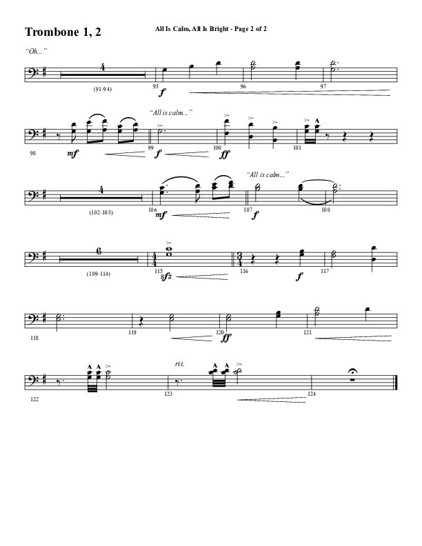 All Is Calm All Is Bright (Choral Anthem SATB) Trombone 1/2 (Word Music Choral / Arr. Cliff Duren)