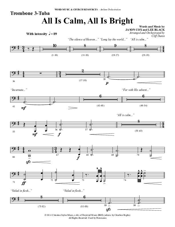 All Is Calm All Is Bright (Choral Anthem SATB) Trombone 3/Tuba (Word Music Choral / Arr. Cliff Duren)