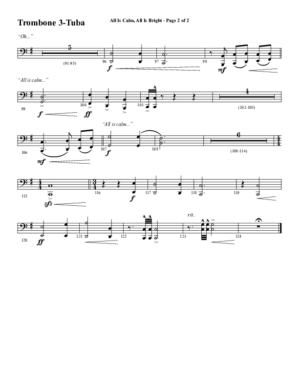 All Is Calm All Is Bright (Choral Anthem SATB) Trombone 3/Tuba (Word Music Choral / Arr. Cliff Duren)