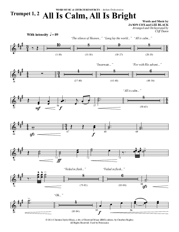All Is Calm All Is Bright (Choral Anthem SATB) Trumpet 1,2 (Word Music Choral / Arr. Cliff Duren)