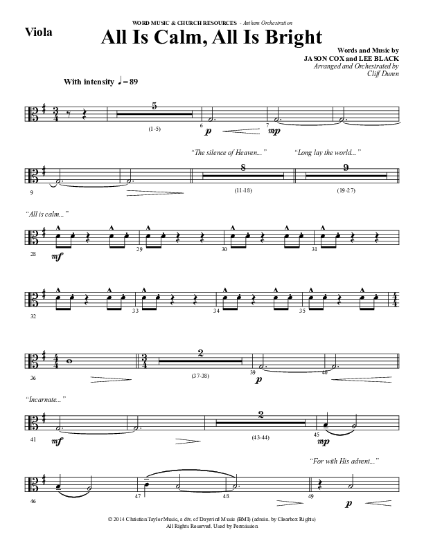 All Is Calm All Is Bright (Choral Anthem SATB) Viola (Word Music Choral / Arr. Cliff Duren)