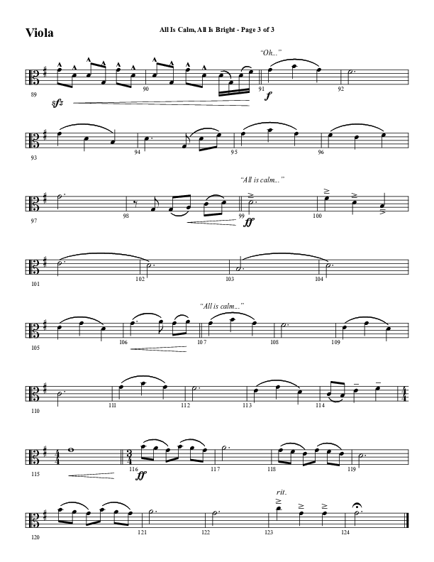 All Is Calm All Is Bright (Choral Anthem SATB) Viola (Word Music Choral / Arr. Cliff Duren)