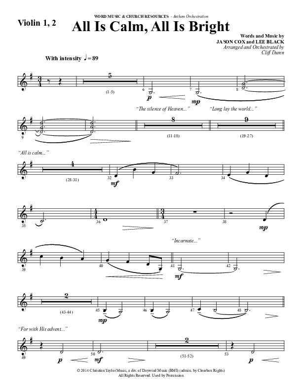 All Is Calm All Is Bright (Choral Anthem SATB) Violin 1/2 (Word Music Choral / Arr. Cliff Duren)