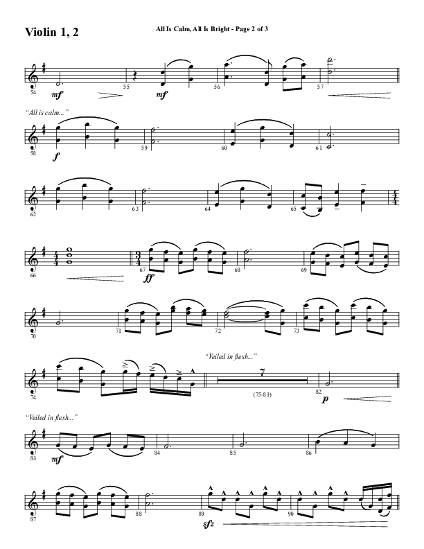 All Is Calm All Is Bright (Choral Anthem SATB) Violin 1/2 (Word Music Choral / Arr. Cliff Duren)