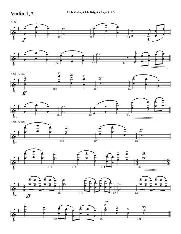 All Is Calm All Is Bright (Choral Anthem SATB) Violin 1/2 (Word Music Choral / Arr. Cliff Duren)