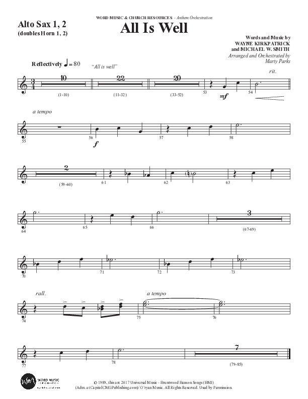All Is Well (Choral Anthem SATB) Alto Sax 1/2 (Word Music Choral / Arr. Marty Parks)