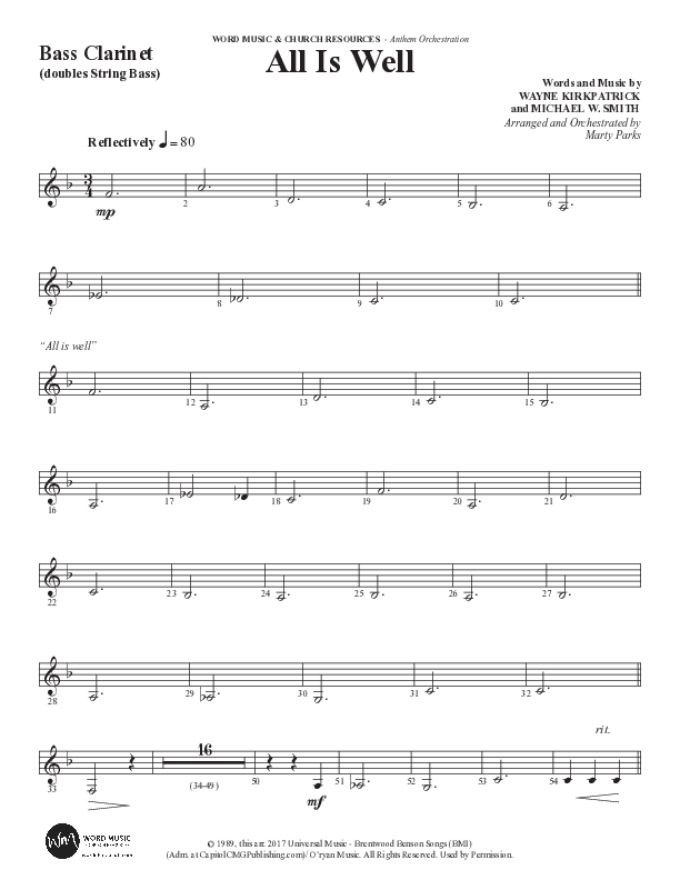 All Is Well (Choral Anthem SATB) Bass Clarinet (Word Music Choral / Arr. Marty Parks)