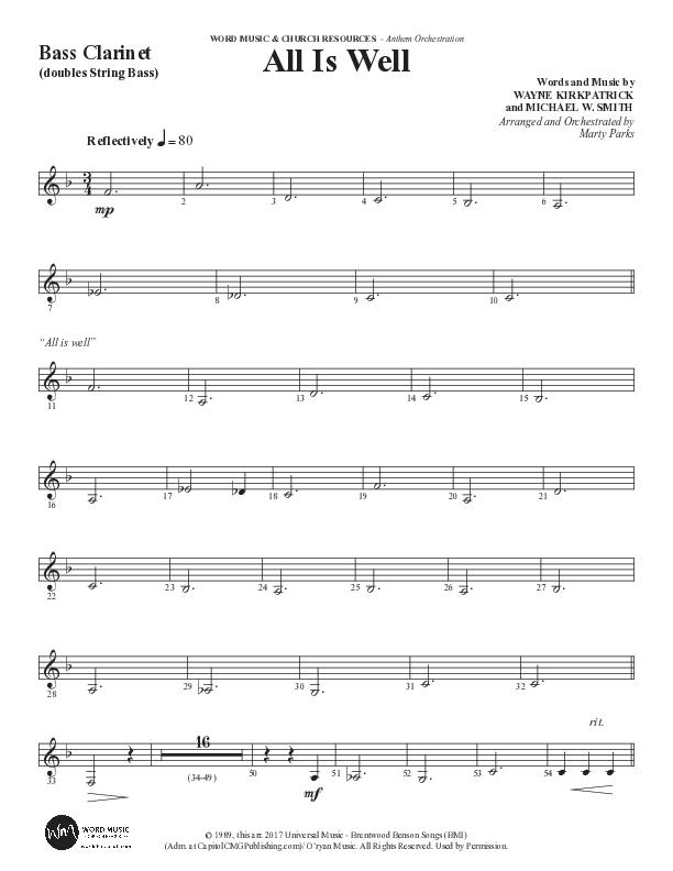 All Is Well (Choral Anthem SATB) Bass Clarinet (Word Music Choral / Arr. Marty Parks)
