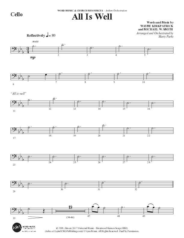All Is Well (Choral Anthem SATB) Cello (Word Music Choral / Arr. Marty Parks)