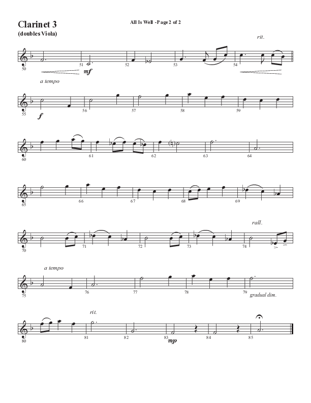 All Is Well (Choral Anthem SATB) Clarinet 3 (Word Music Choral / Arr. Marty Parks)