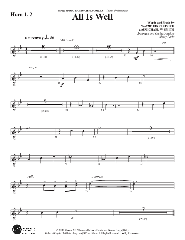 All Is Well (Choral Anthem SATB) French Horn 1/2 (Word Music Choral / Arr. Marty Parks)