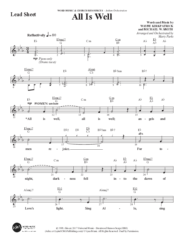 All Is Well (Choral Anthem SATB) Lead Sheet (Melody) (Word Music Choral / Arr. Marty Parks)