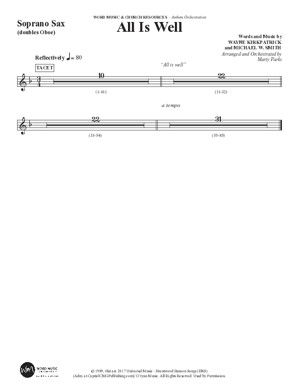 All Is Well (Choral Anthem SATB) Soprano Sax (Word Music Choral / Arr. Marty Parks)