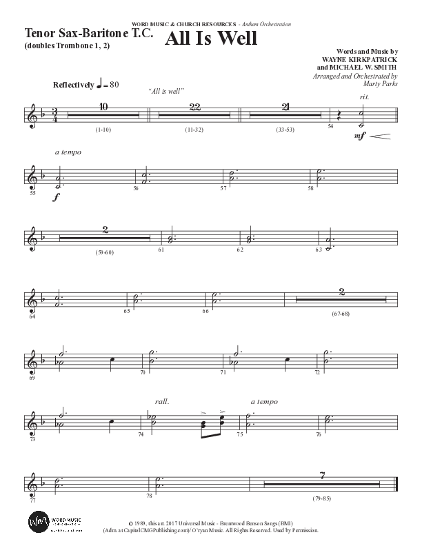 All Is Well (Choral Anthem SATB) Tenor Sax/Baritone T.C. (Word Music Choral / Arr. Marty Parks)
