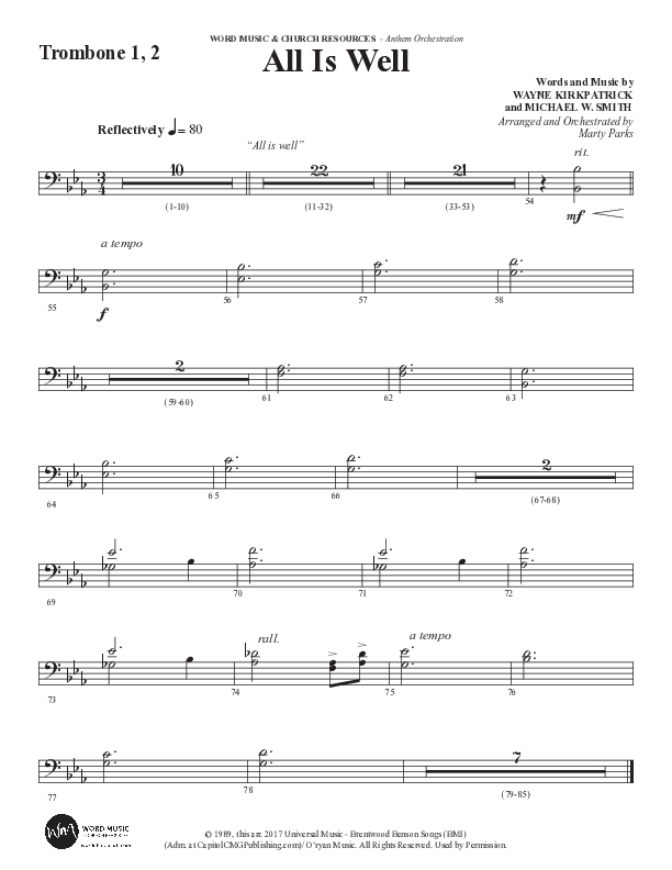All Is Well (Choral Anthem SATB) Trombone 1/2 (Word Music Choral / Arr. Marty Parks)